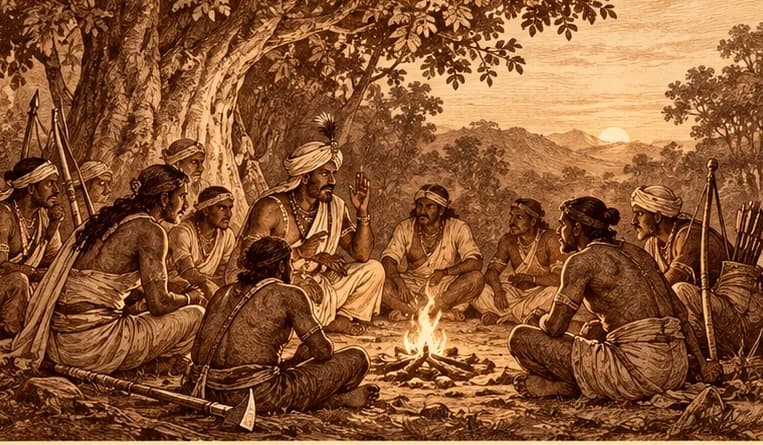 Tribal and peasant resistance leaders gathered in council around a fire, planning resistance before 1857