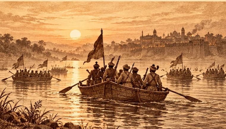 Boats of soldiers crossing a wide river at dawn toward a walled town