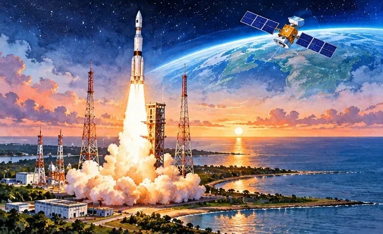 Illustration of a PSLV rocket lifting off from Sriharikota at dawn, with a satellite orbiting the Earth above