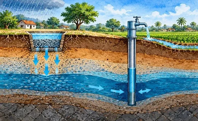 Illustration of a cross-section of the ground below an Indian village, showing a tubewell reaching down to a shrinking aquifer