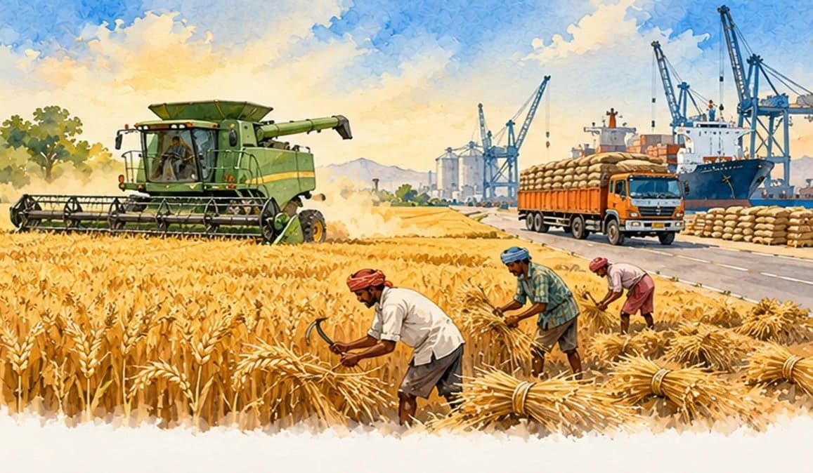 A combine harvester in a golden wheat field beside small farmers with sickles, and a grain truck heading to a port