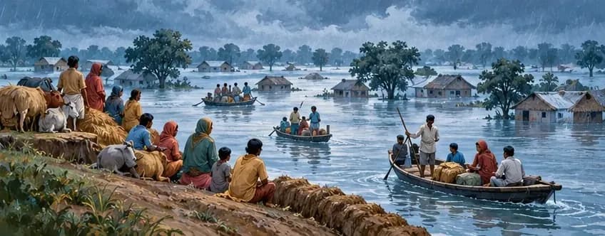 A flooded north Bihar village with people moving on boats and an embankment crowded with families and livestock