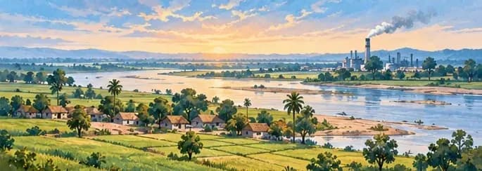 A wide view of the Gangetic plain in Bihar at dawn, lush paddy fields beside a broad river, with a small village and a distant factory chimney