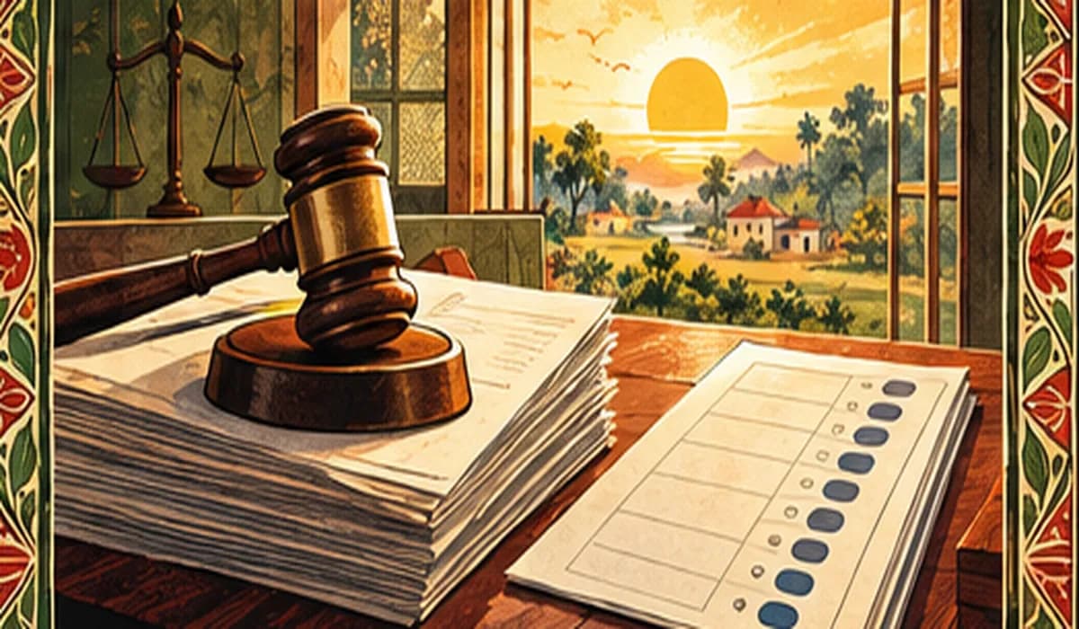 A courtroom gavel resting on candidate affidavits and a ballot paper, with a clean sunrise visible through the window