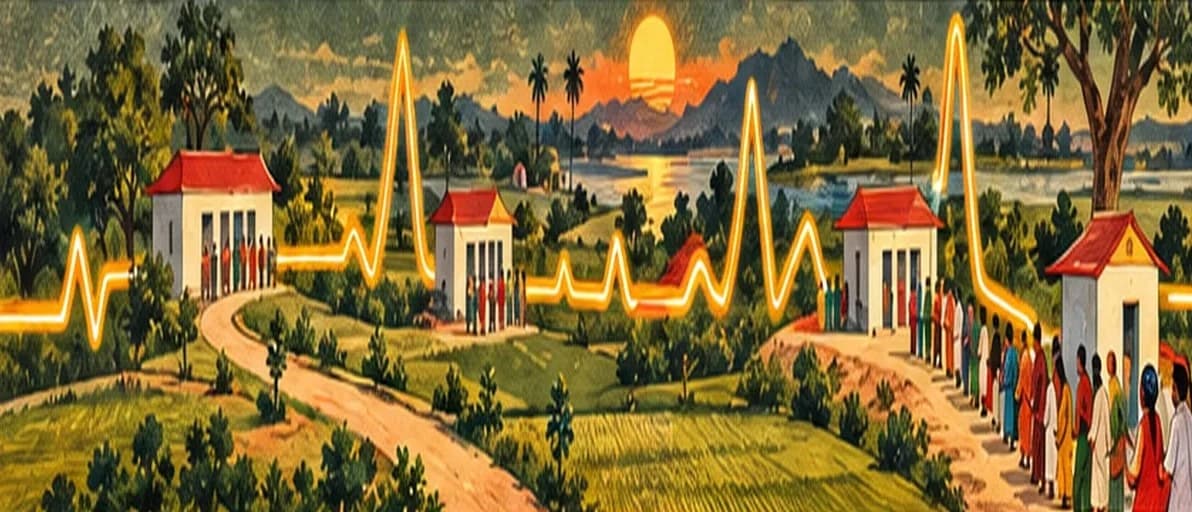 A stylised heartbeat line running across a landscape of polling booths and homes, rising at each election