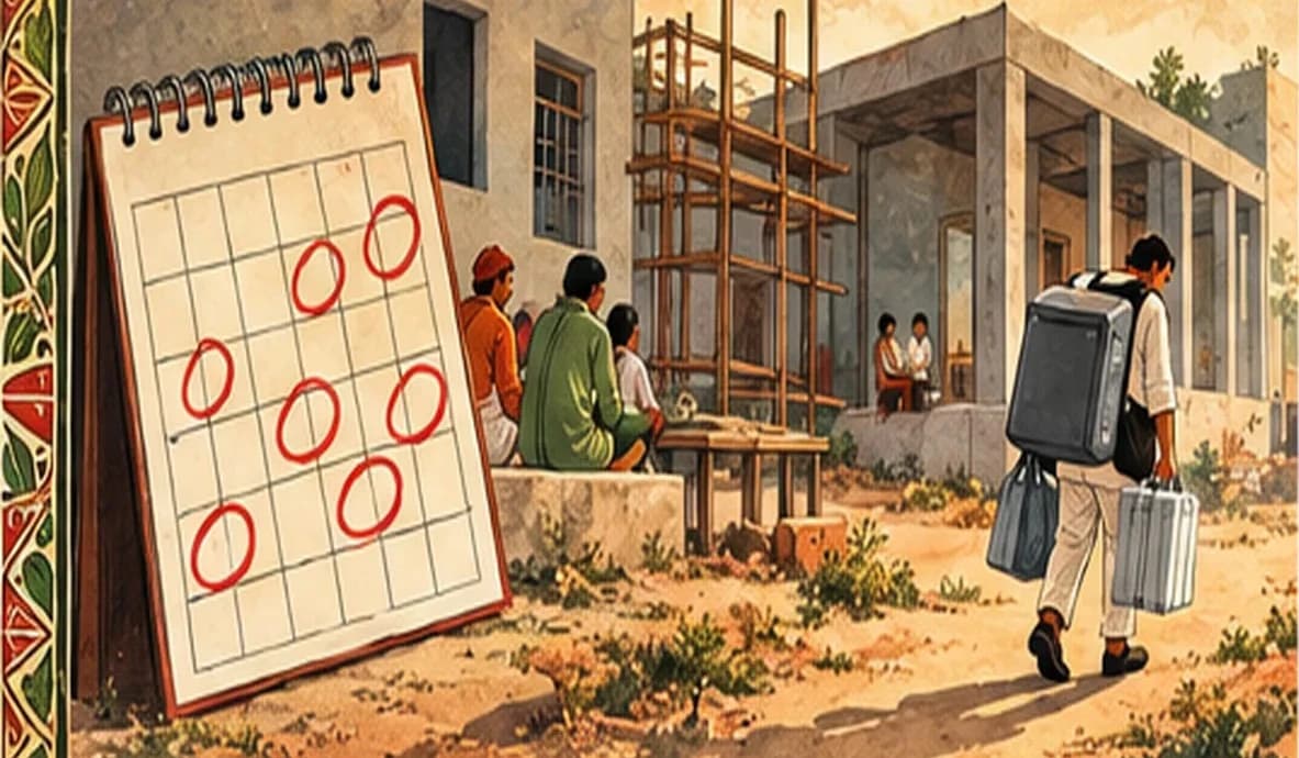 A calendar with many election dates circled, beside a stalled construction site and an exhausted official carrying ballot boxes