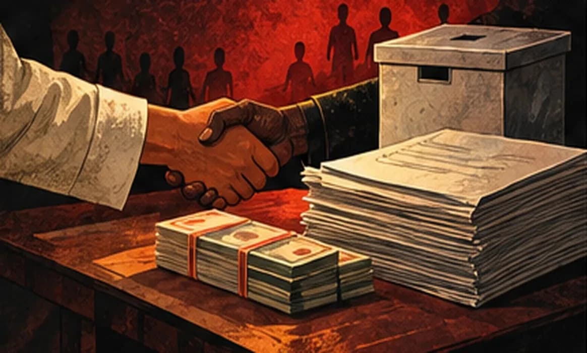 A shadowy handshake between a man in a politician's kurta and a figure in the dark, with a ballot box and banknotes on the table between them