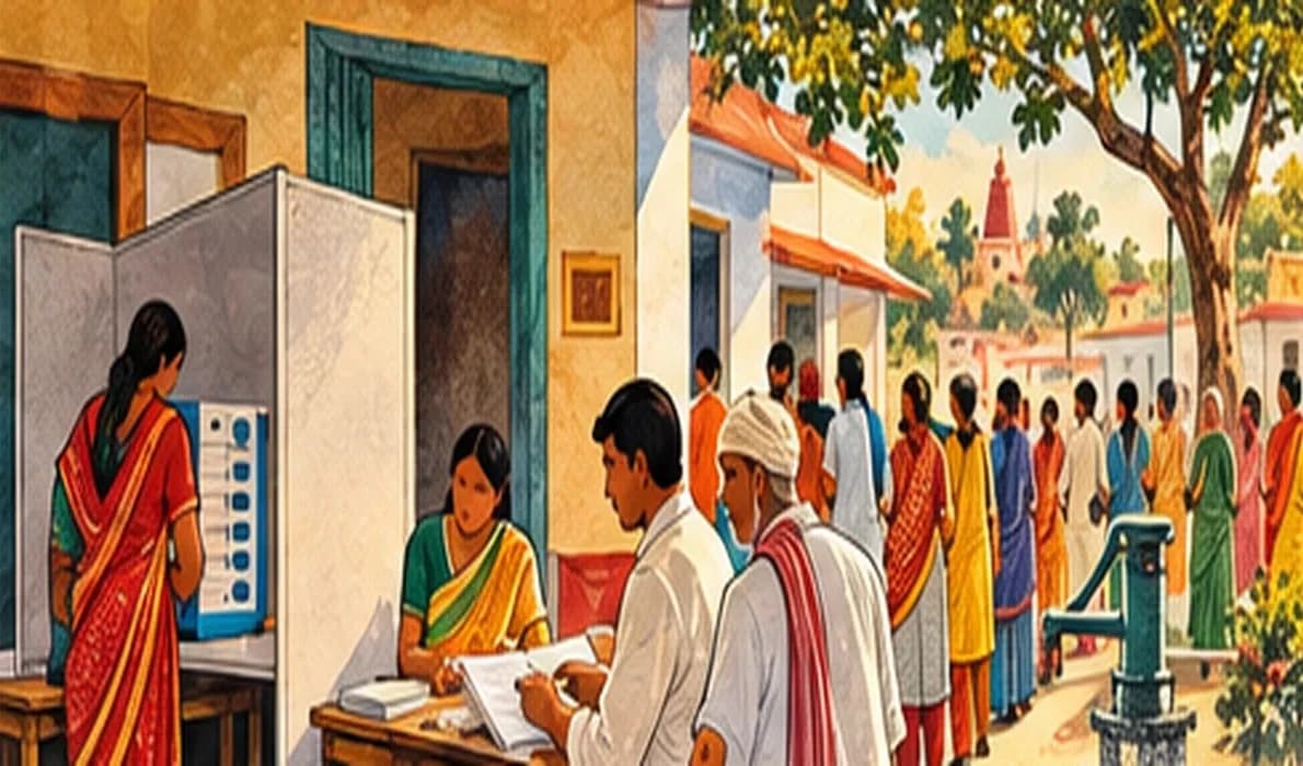 A polling station in a Bihar village school with a queue of voters, an EVM on a table and an official checking names on a roll