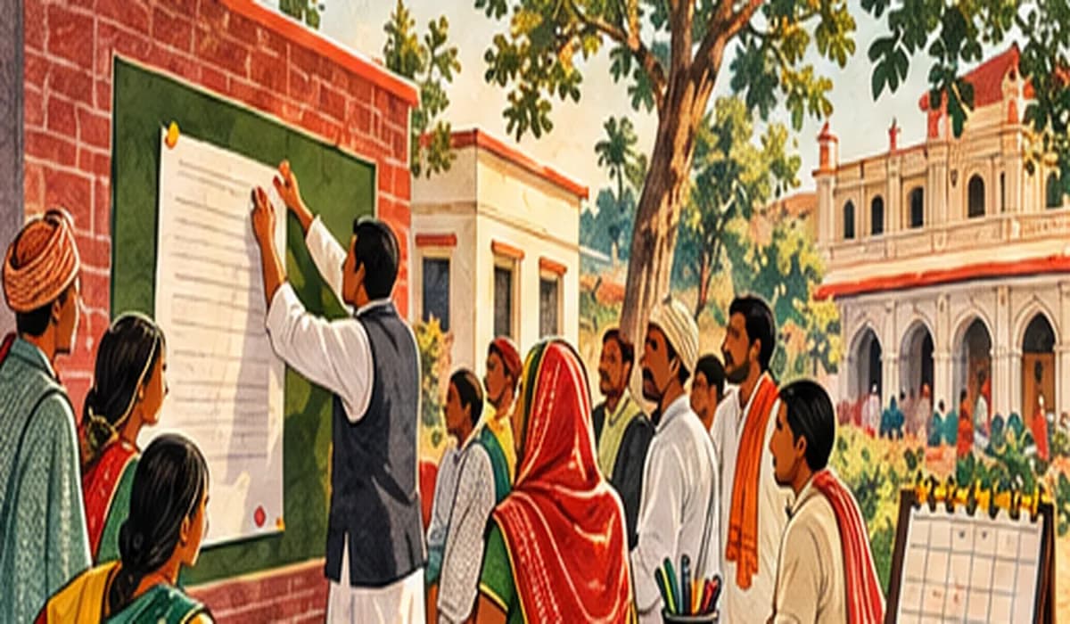An election official pinning a notification on a district office notice board in Bihar while villagers gather to read it