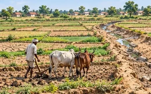 Tiny fragmented plots separated by bunds, a farmer with an old plough and a dry canal