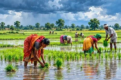 Monsoon clouds over green paddy fields in Bihar with farmers transplanting rice