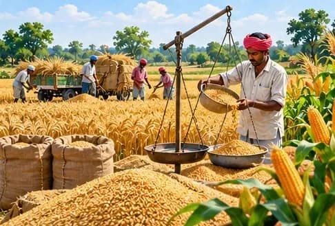Wheat and maize fields at harvest with a farmer weighing grain on a scale