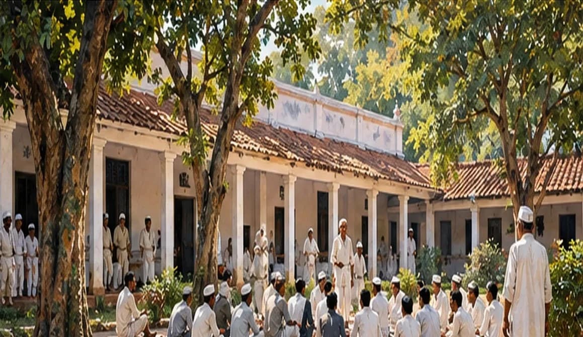 Illustration of a simple ashram building with a veranda and neem trees in Patna, khadi-clad volunteers gathered in the courtyard