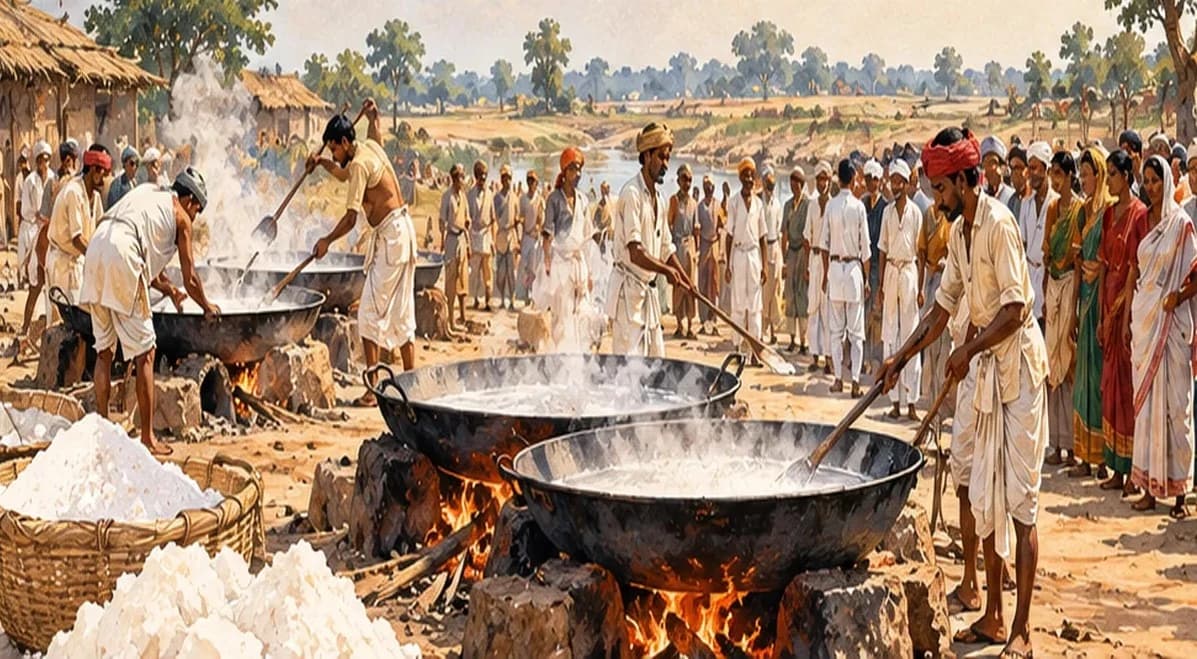 Illustration of villagers in Bihar boiling earth in large pans to make salt during the 1930 salt satyagraha, a crowd watching peacefully