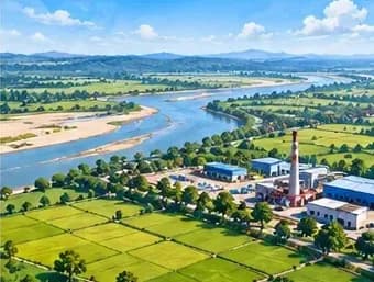 The Gangetic plain of Bihar with paddy fields, a river, a sugar mill and a small industrial shed