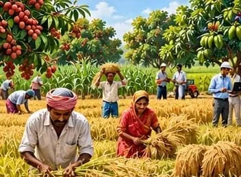 Farmers harvesting rice, wheat and maize on fertile alluvial fields, with litchi and mango orchards