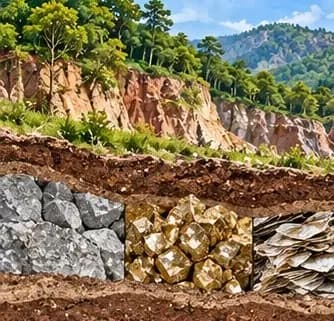 A sal forest in the Kaimur hills with a limestone quarry and a pyrite mine below