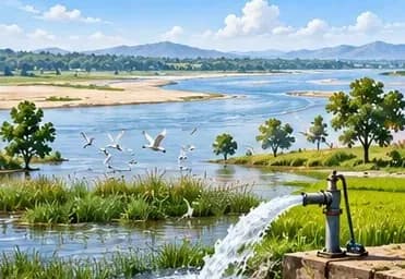 The Ganga and its tributaries crossing the Bihar plain, with a tubewell and a wetland full of birds