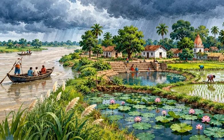 Illustration of a north Bihar landscape with a wide river, a village pond, paddy fields and monsoon clouds