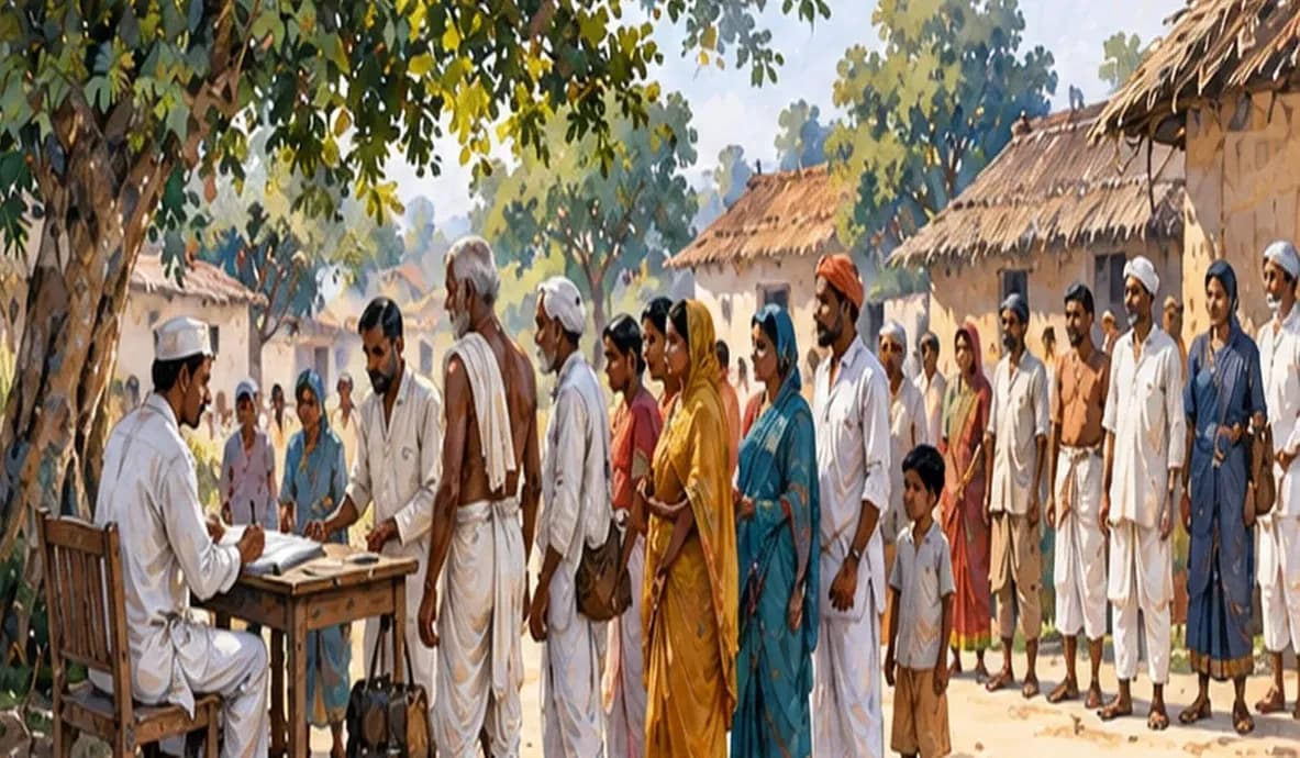 Illustration of a 19th-century census enumerator with a ledger seated under a village tree, villagers queuing to be counted