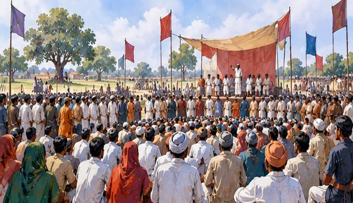 Illustration of a crowded election rally on a field in rural Bihar, many small party pennants without symbols, seen from behind the crowd