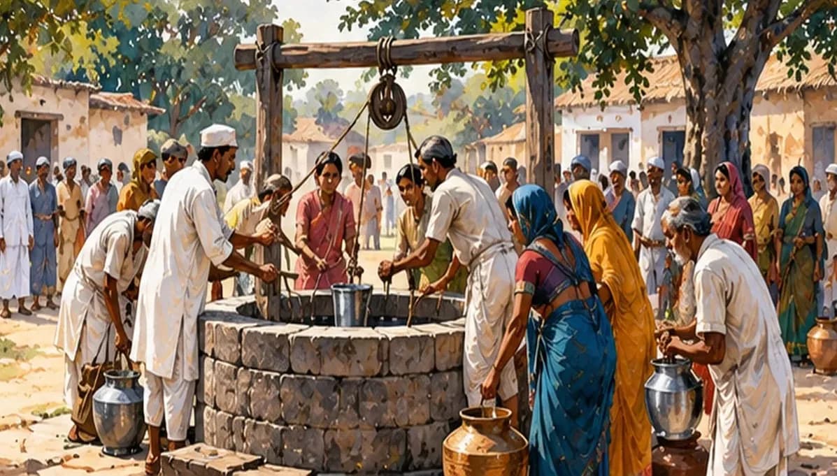 Illustration of a 1934 village gathering in Bihar, people of all castes drawing water together from a newly opened village well
