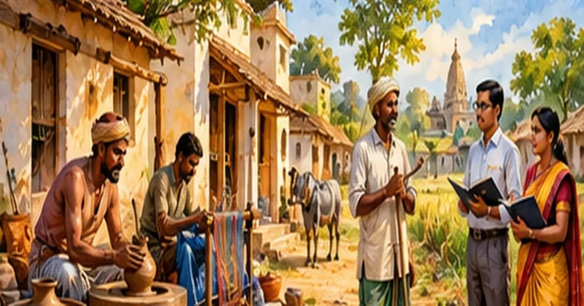 A village street where neighbours of different occupations — a potter, a weaver, a farmer and a priest — stand outside their homes