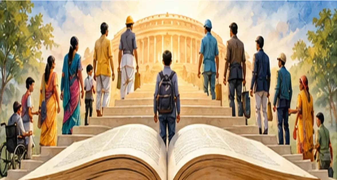 An open Constitution with pages fanning out into figures of people of every background standing on equal steps