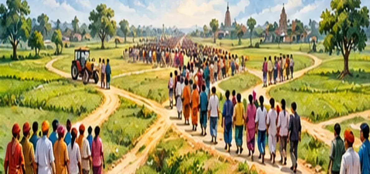 Small groups of people from different villages walking towards each other across a field and joining into one larger crowd