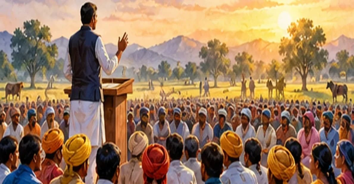 An election rally ground with groups of villagers in different-coloured turbans and saris listening to a speaker on a stage without banners