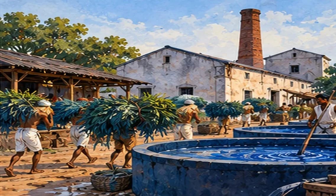 Illustration of an indigo factory in north Bihar in the 19th century, vats of blue dye and peasants carrying bundles of indigo plants