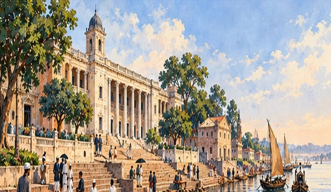 Illustration of a 19th-century colonial college building on the bank of the Ganga at Patna, students in period dress on the steps