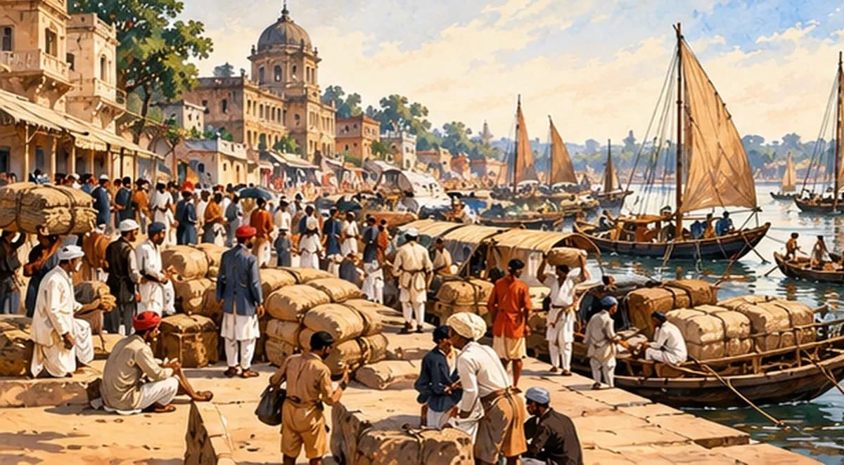 Illustration of the busy Patna riverfront in the 18th century, country boats loaded with saltpetre and textiles at the ghats