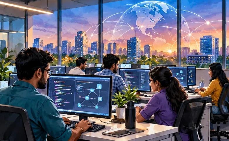Illustration of an Indian software campus with developers at screens showing code, and network lines linking to a globe