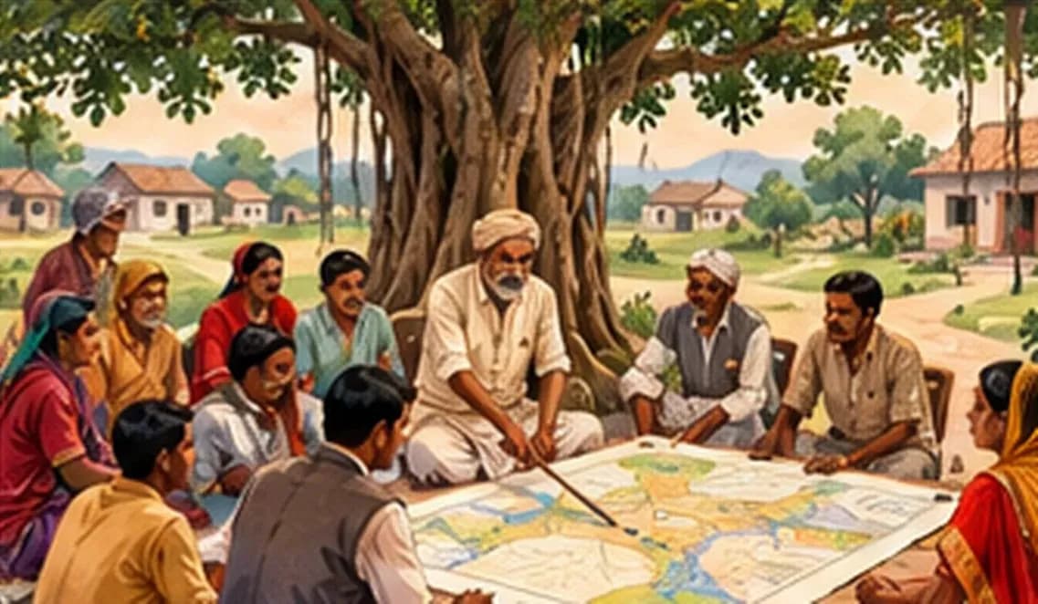 A gram sabha meeting under a tree with villagers marking needs on a large hand-drawn village map