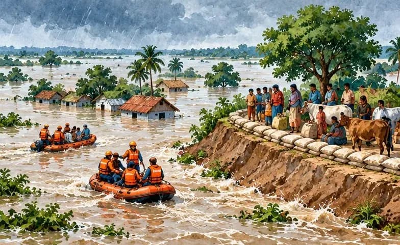 Illustration of a flooded north Bihar village with rescue boats, people on raised embankments and a river in spate