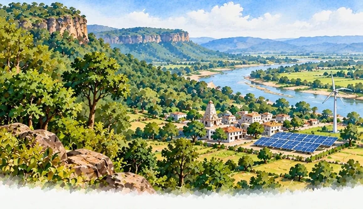 A green forested hillside above a river valley with a small town using solar panels and a wind turbine