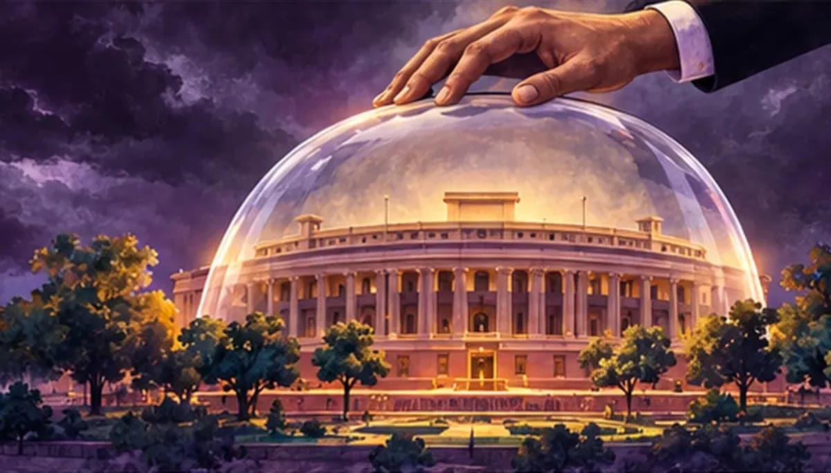 A state legislative building under a dimmed sky, with a large hand placing a protective glass dome over it from above