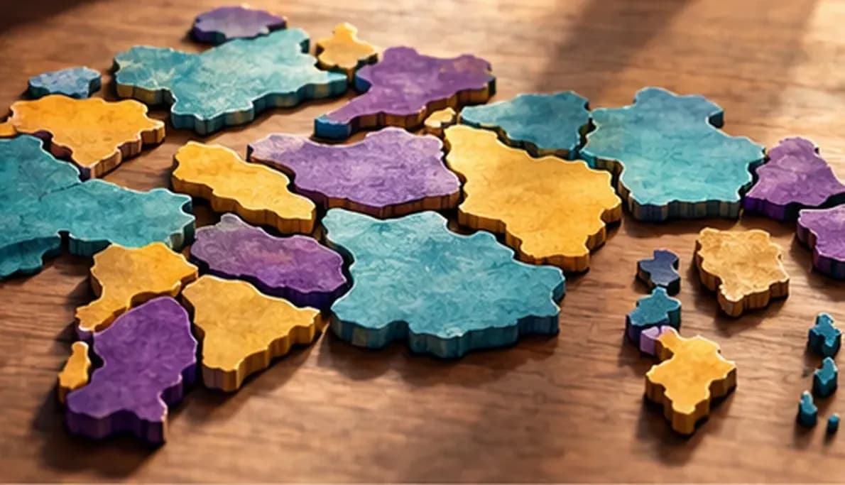 A mosaic map made of tiles of different sizes and shapes, some large states and some small territories, fitted together into one whole