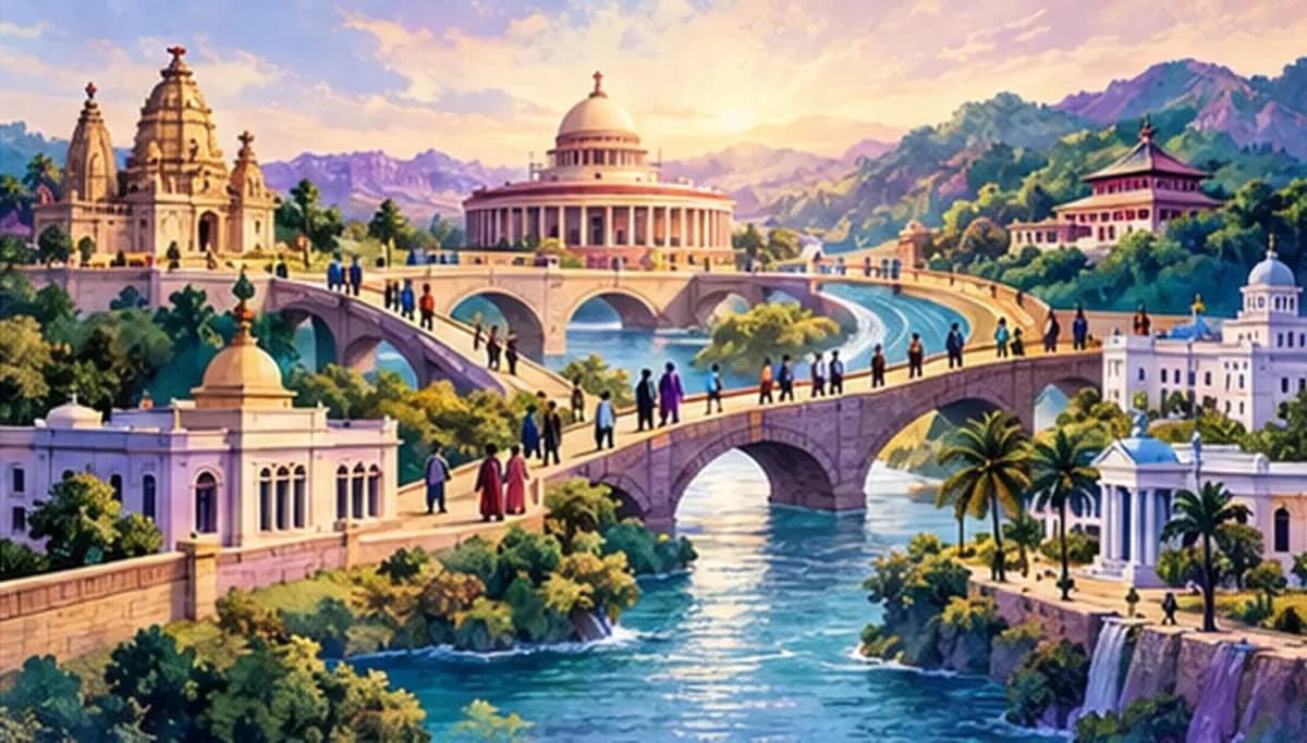 A central government building linked by glowing roads to state capitals spread across a stylised map of India