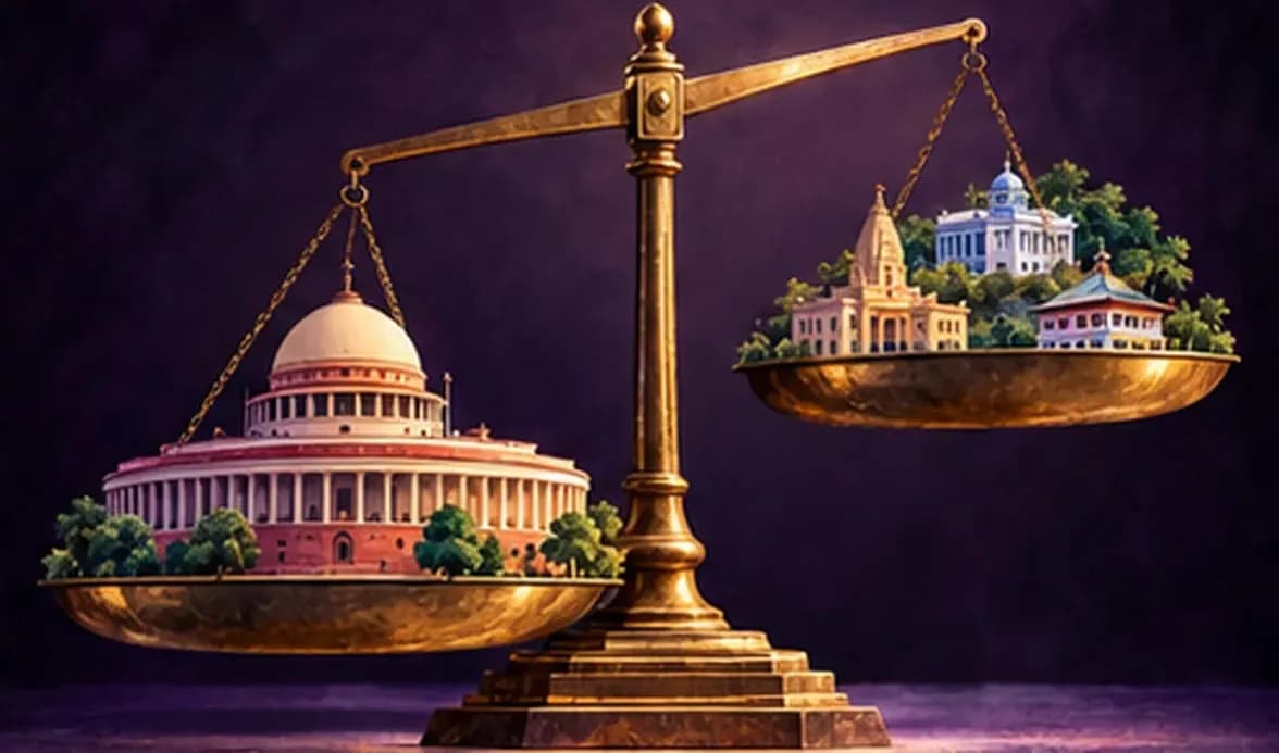 A large balance scale whose heavier pan holds the central government building while smaller state buildings rise on the lighter pan