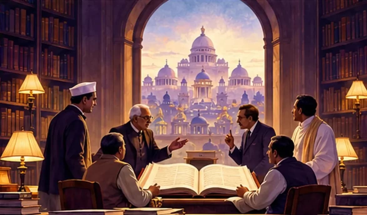 Scholars in a library debating around a large open constitution, with a balance between a single dome and many smaller domes