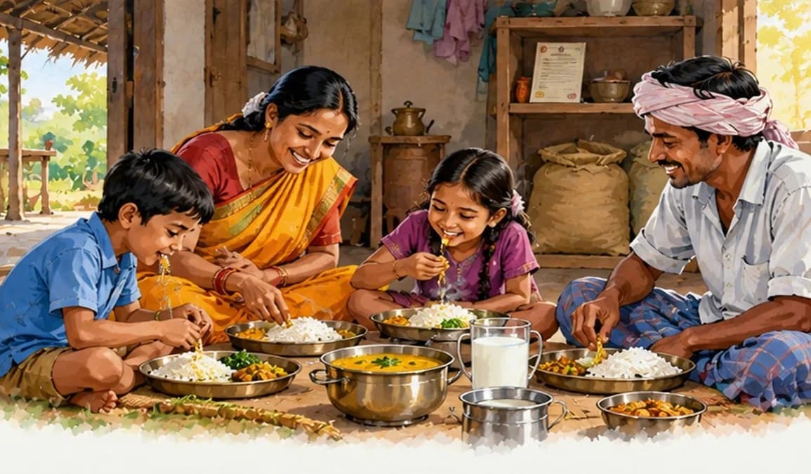 A family meal of rice, dal, vegetables and milk in a Bihar home, with a ration card on the shelf