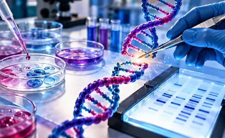 Illustration of a DNA double helix being cut and joined by molecular scissors, with a lab bench, petri dishes and a pipette