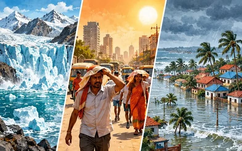 Illustration of a warming Earth: melting glaciers, a heatwave-struck city and a flooded coastline under a hazy sky