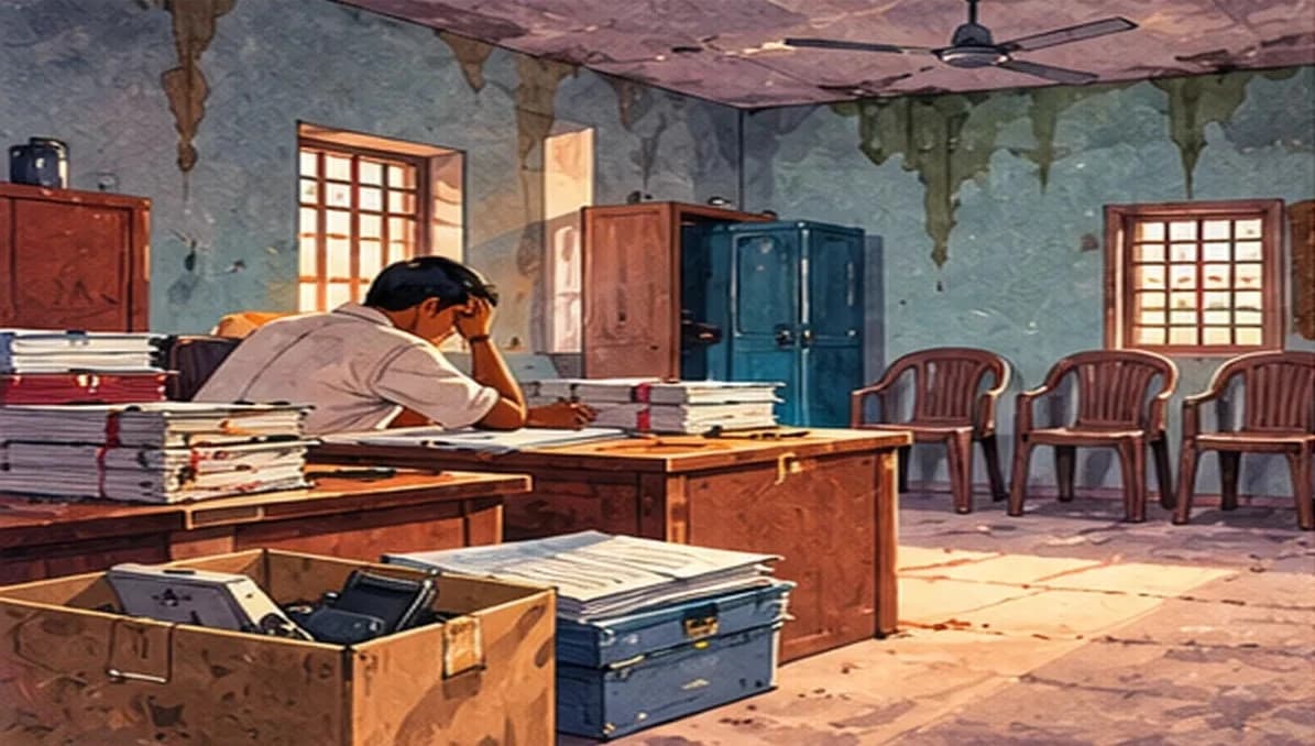 A panchayat secretary's desk with a single overworked clerk surrounded by unfiled papers and several empty chairs
