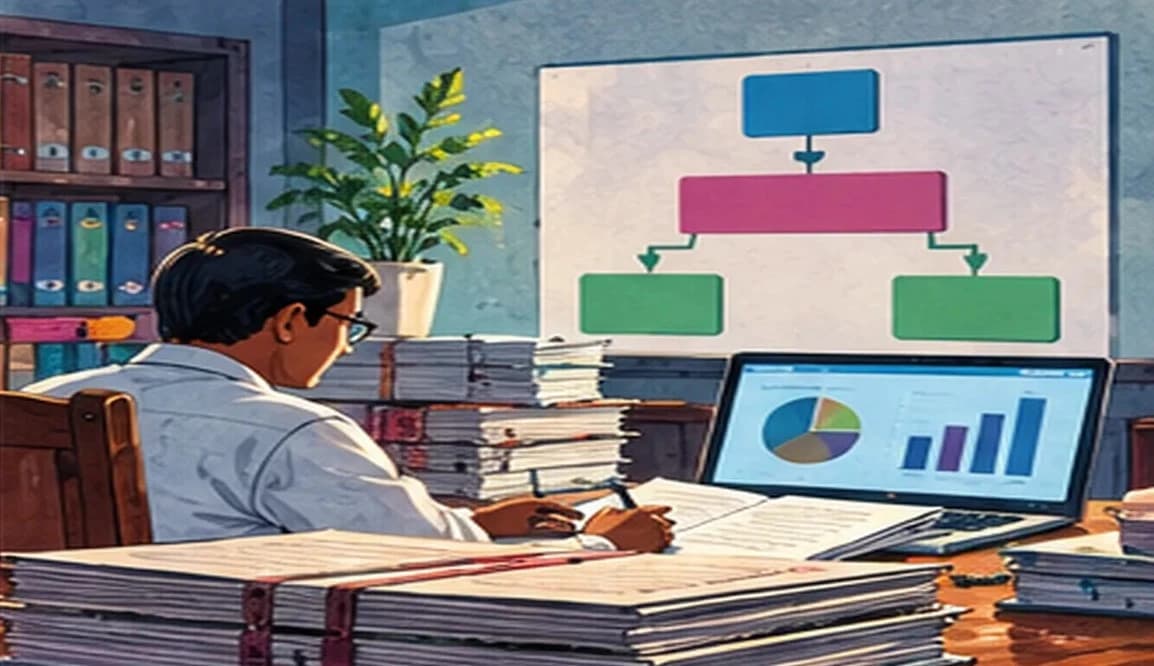 An auditor reviewing panchayat ledgers and a laptop running accounting software in a district office