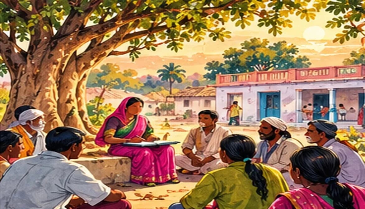 A village Mukhiya listening to villagers under a neem tree in rural Bihar, with a whitewashed panchayat bhawan behind