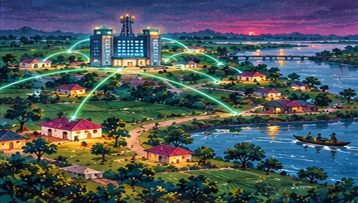 A modern IT tower in Patna at dusk with fibre-optic lines of light reaching out to villages across the Gangetic plain