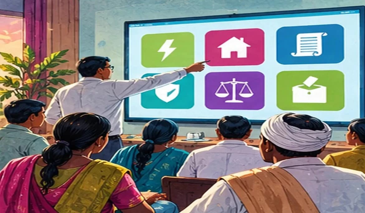 A grid of app tiles on a large screen in a government office, each showing a simple icon for a different public service